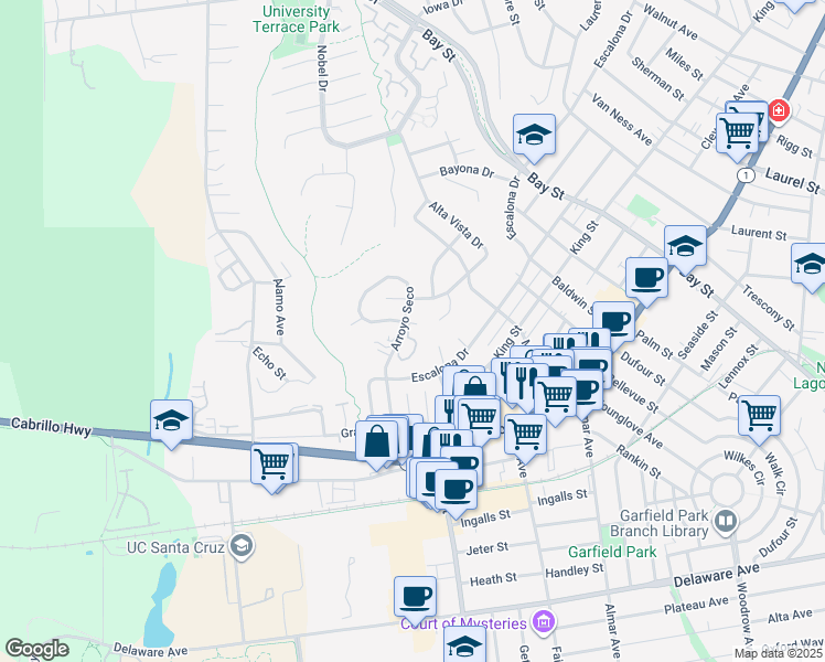 map of restaurants, bars, coffee shops, grocery stores, and more near 106 Arroyo Court in Santa Cruz