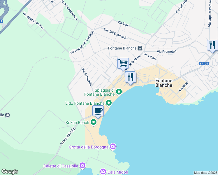 map of restaurants, bars, coffee shops, grocery stores, and more near 5 Via Grado in Fontane Bianche