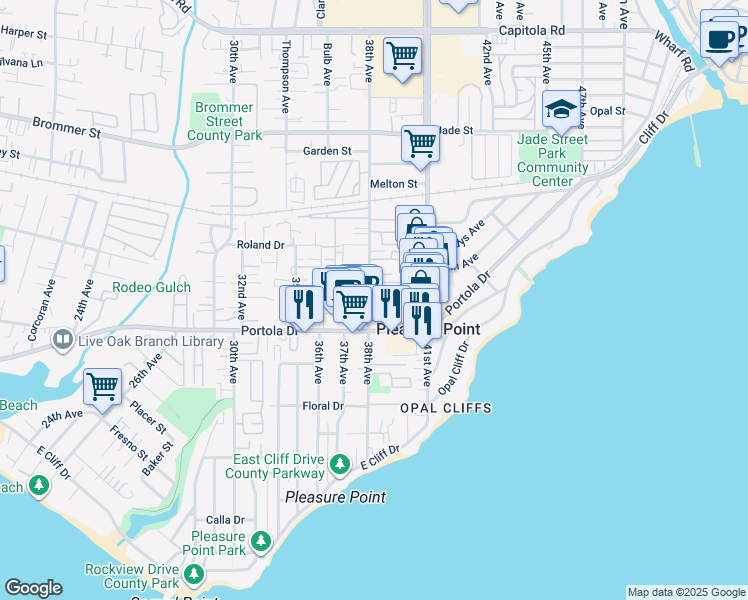 map of restaurants, bars, coffee shops, grocery stores, and more near 890 38th Avenue in Santa Cruz