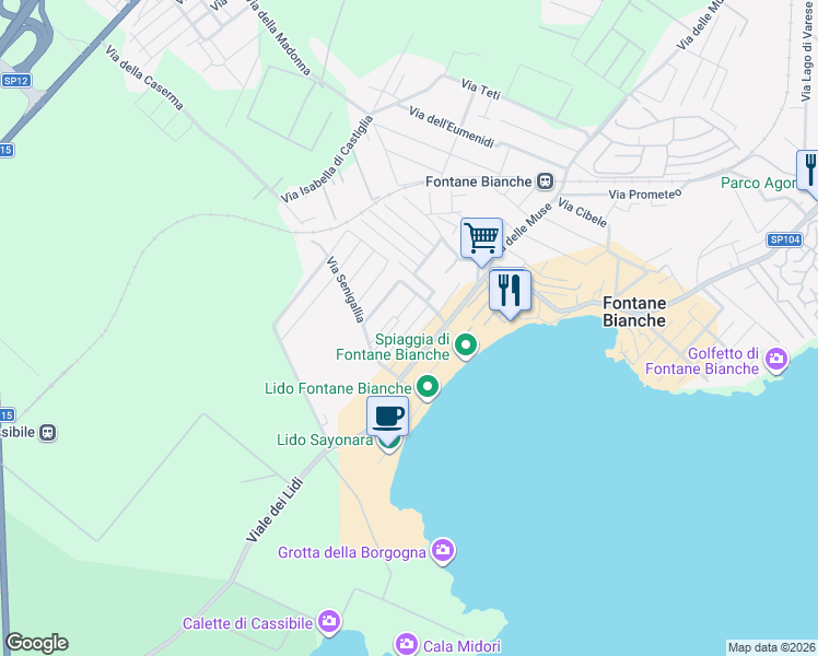 map of restaurants, bars, coffee shops, grocery stores, and more near 6 Via Mondello in Fontane Bianche