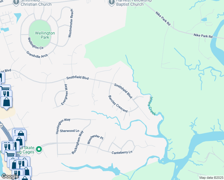 map of restaurants, bars, coffee shops, grocery stores, and more near 103 Barclay Crescent in Smithfield
