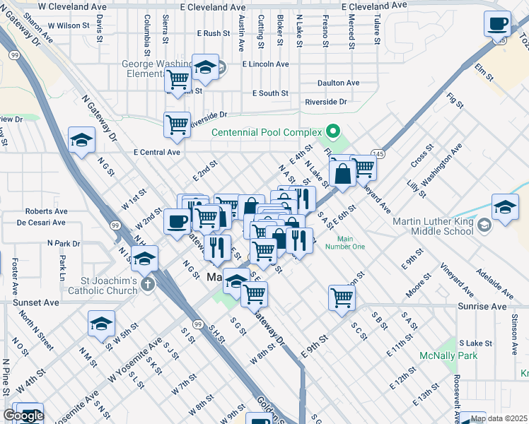 map of restaurants, bars, coffee shops, grocery stores, and more near 201 North C Street in Madera