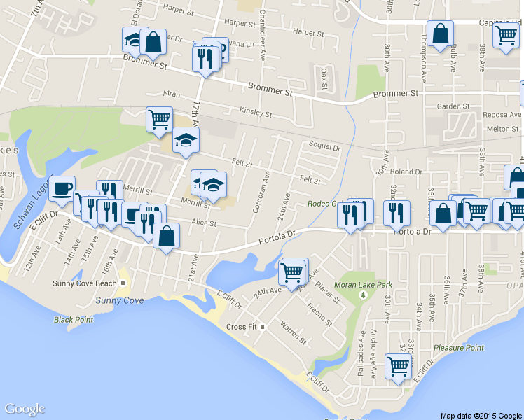map of restaurants, bars, coffee shops, grocery stores, and more near 711 Corcoran Avenue in Santa Cruz