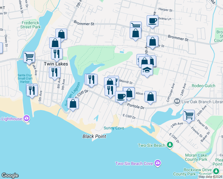 map of restaurants, bars, coffee shops, grocery stores, and more near 610 14th Avenue in Santa Cruz