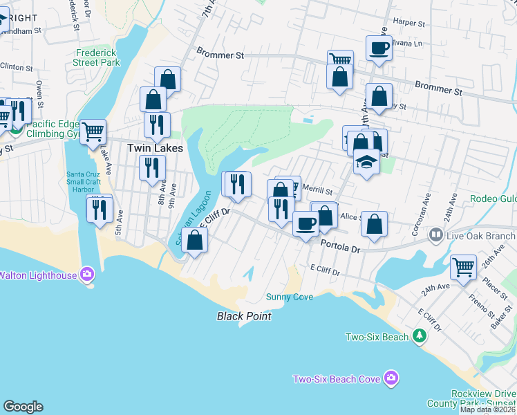 map of restaurants, bars, coffee shops, grocery stores, and more near 526 13th Avenue in Santa Cruz