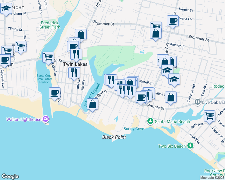 map of restaurants, bars, coffee shops, grocery stores, and more near 526 13th Avenue in Santa Cruz