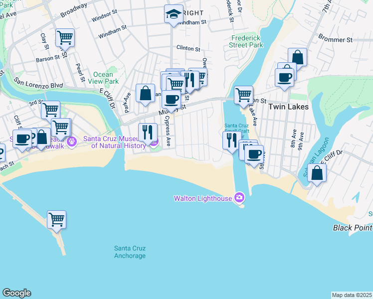 map of restaurants, bars, coffee shops, grocery stores, and more near 111 1st Avenue in Santa Cruz