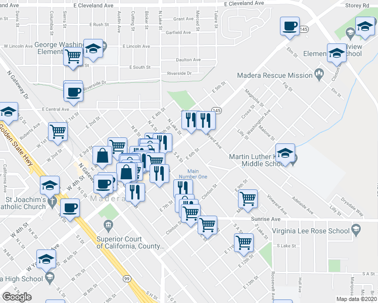 map of restaurants, bars, coffee shops, grocery stores, and more near 118 South Lake Street in Madera