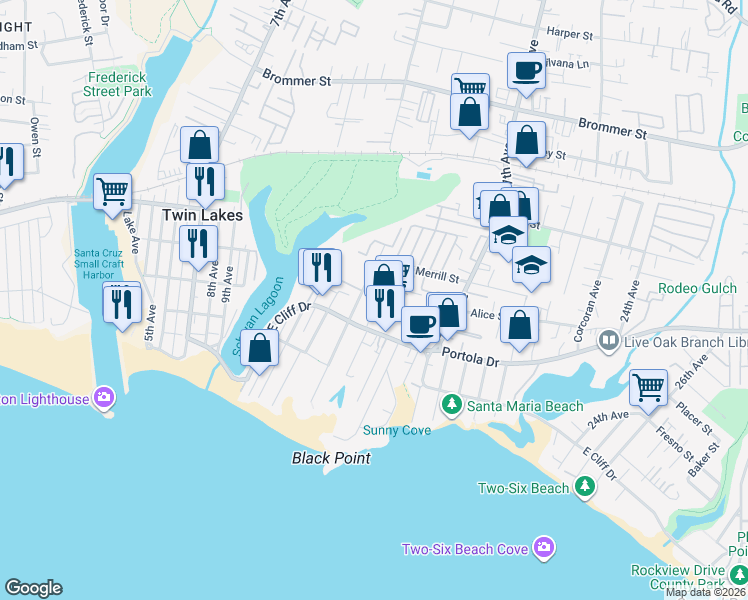 map of restaurants, bars, coffee shops, grocery stores, and more near 610 14th Avenue in Santa Cruz