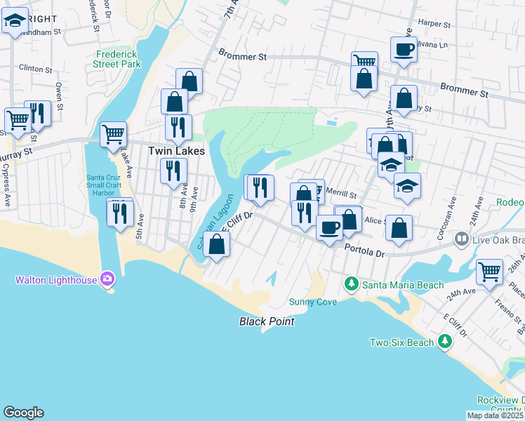 map of restaurants, bars, coffee shops, grocery stores, and more near 21135 East Cliff Drive in Santa Cruz