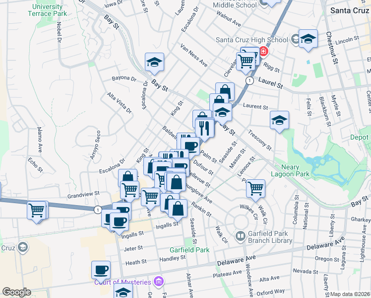 map of restaurants, bars, coffee shops, grocery stores, and more near 115 Baldwin Street in Santa Cruz