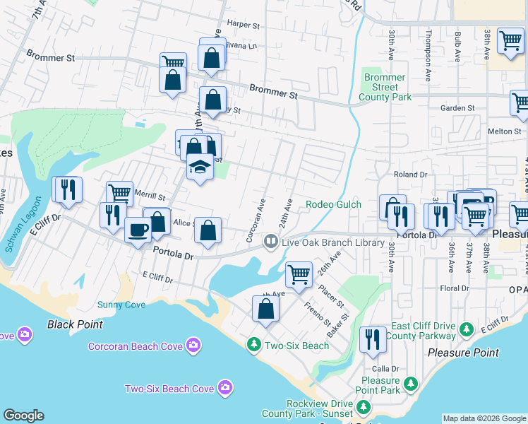 map of restaurants, bars, coffee shops, grocery stores, and more near 650 Corcoran Avenue in Santa Cruz