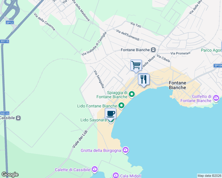 map of restaurants, bars, coffee shops, grocery stores, and more near 6 Via Mondello in Fontane Bianche