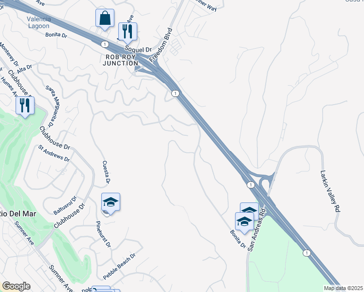 map of restaurants, bars, coffee shops, grocery stores, and more near 114 Zanzibar Drive in Aptos