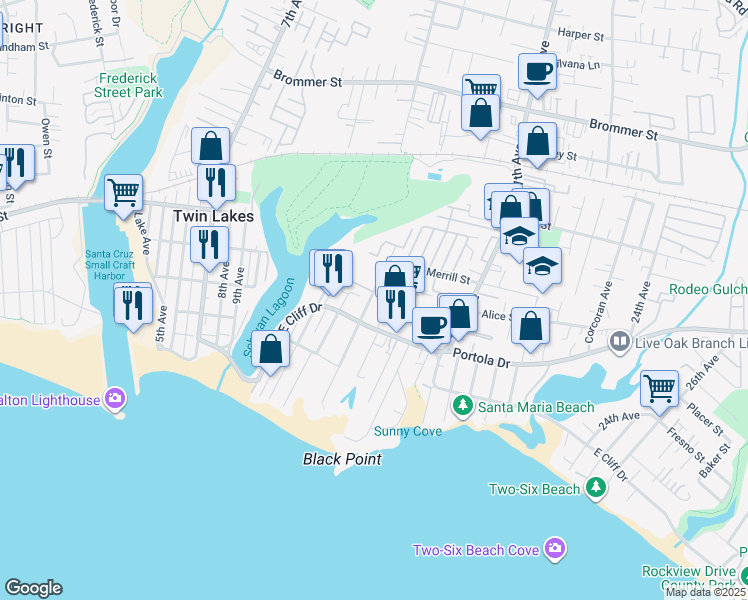 map of restaurants, bars, coffee shops, grocery stores, and more near 552 14th Avenue in Santa Cruz