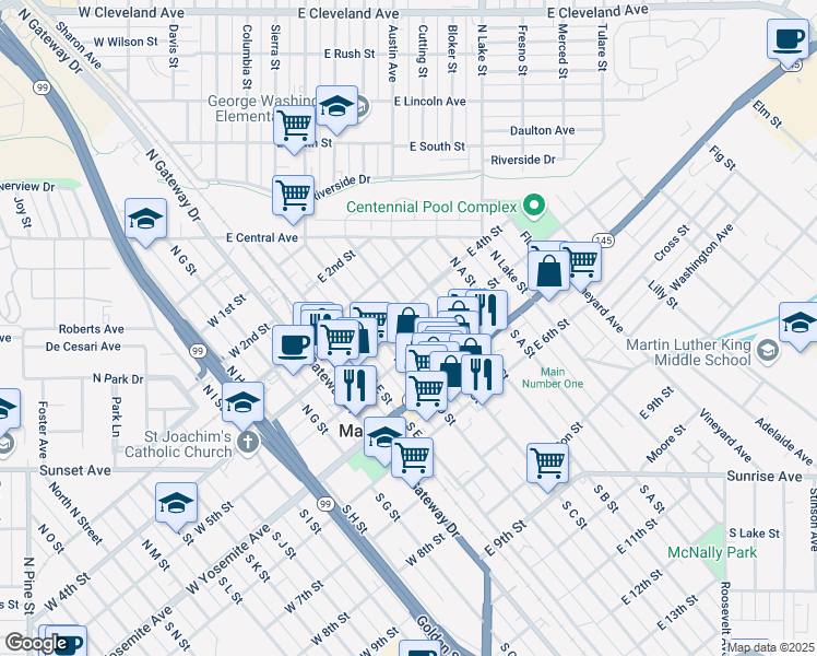 map of restaurants, bars, coffee shops, grocery stores, and more near 212 North C Street in Madera