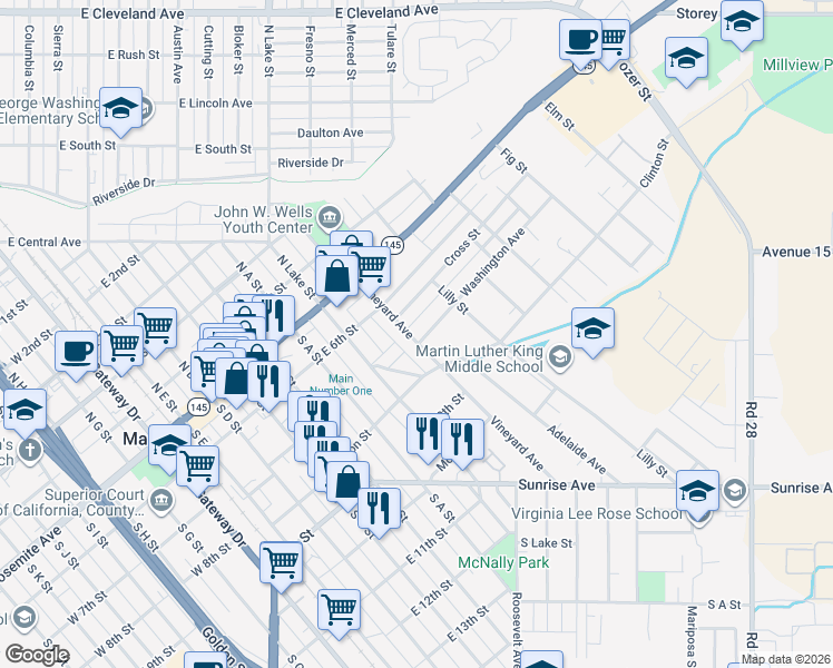 map of restaurants, bars, coffee shops, grocery stores, and more near 224 Vineyard Avenue in Madera