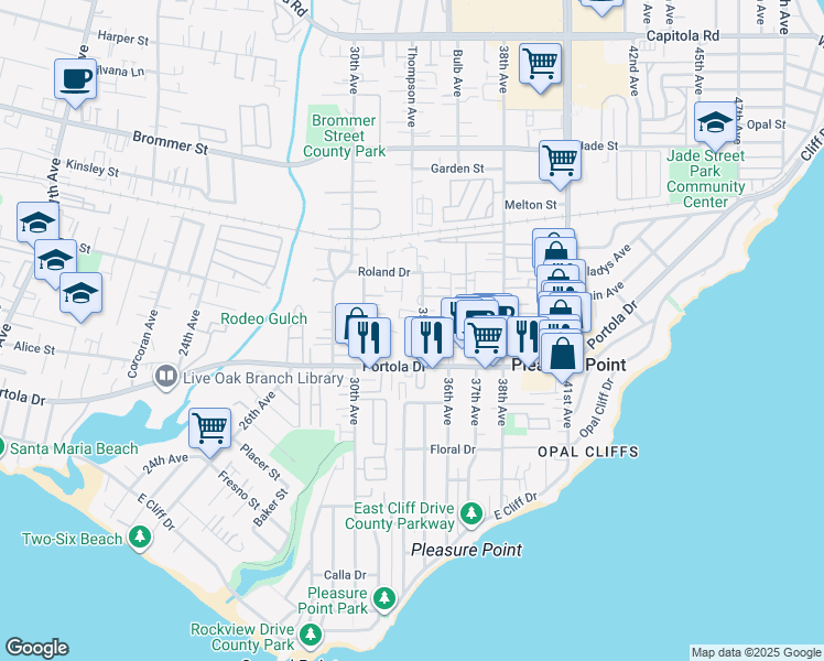 map of restaurants, bars, coffee shops, grocery stores, and more near 883 35th Avenue in Santa Cruz