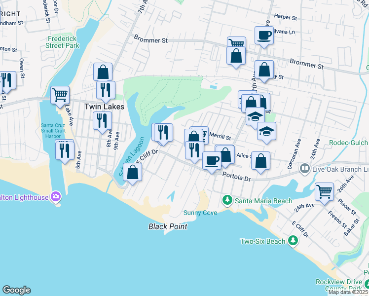 map of restaurants, bars, coffee shops, grocery stores, and more near 552 14th Avenue in Santa Cruz