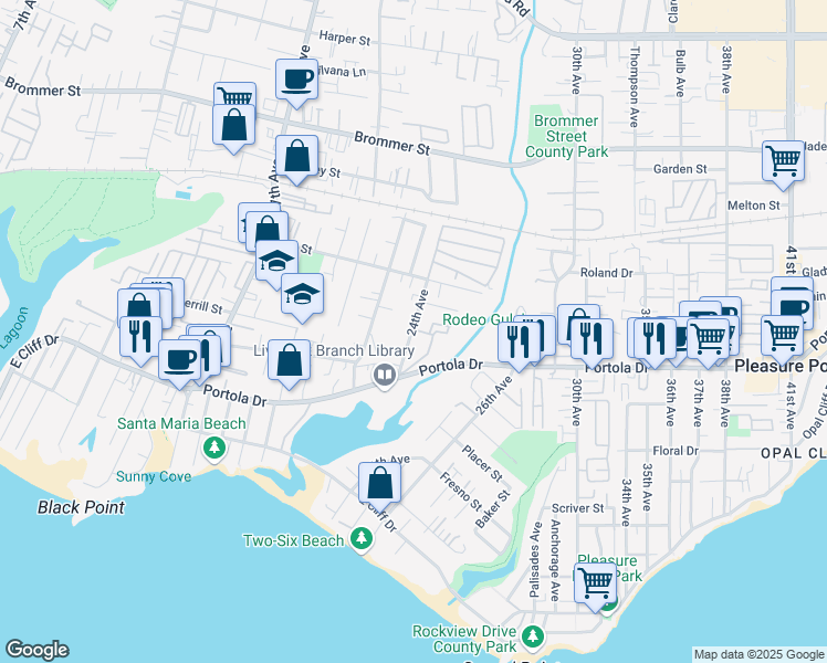 map of restaurants, bars, coffee shops, grocery stores, and more near 682 24th Avenue in Santa Cruz