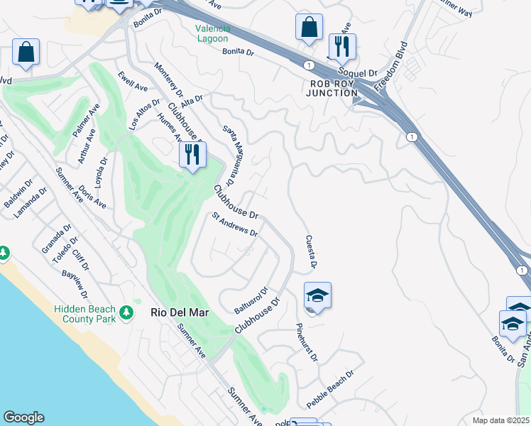 map of restaurants, bars, coffee shops, grocery stores, and more near 711 Clubhouse Drive in Aptos