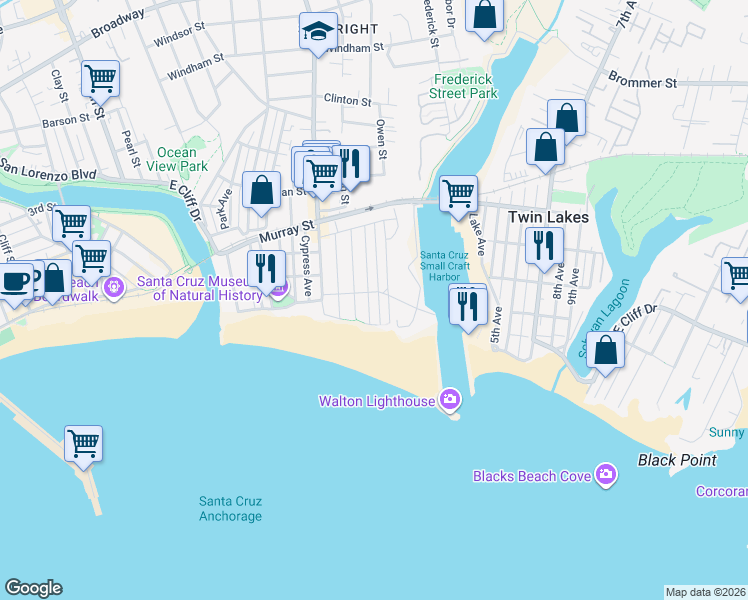 map of restaurants, bars, coffee shops, grocery stores, and more near 126 3rd Avenue in Santa Cruz