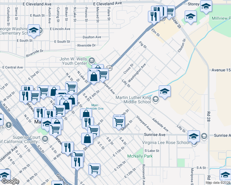 map of restaurants, bars, coffee shops, grocery stores, and more near 224 Vineyard Avenue in Madera