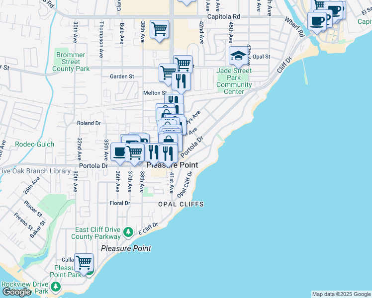 map of restaurants, bars, coffee shops, grocery stores, and more near 4207 Portola Drive in Santa Cruz