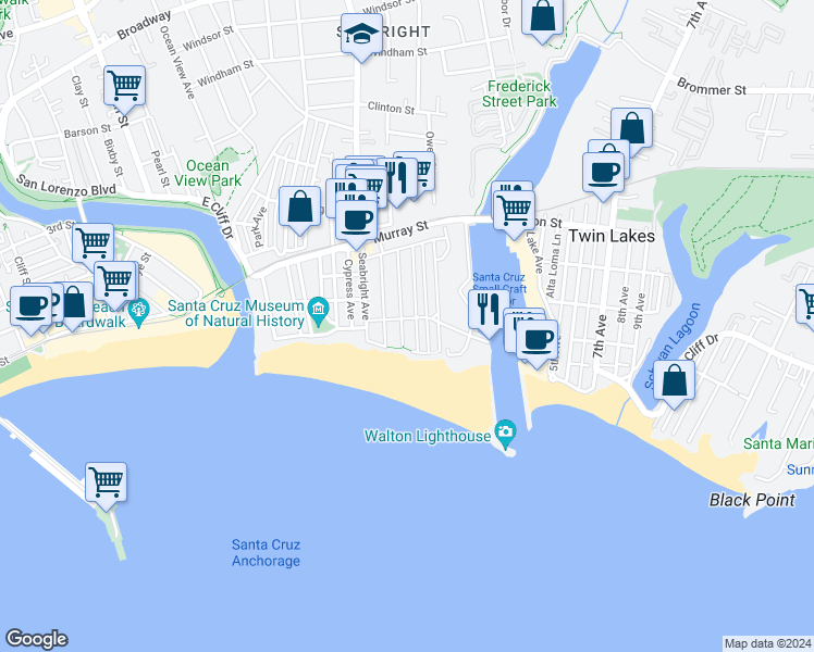 map of restaurants, bars, coffee shops, grocery stores, and more near 122 2nd Avenue in Santa Cruz