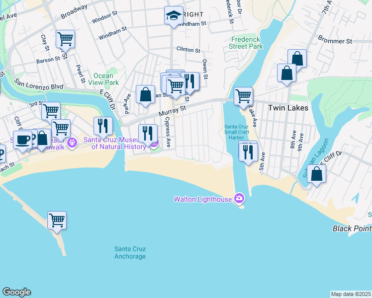 map of restaurants, bars, coffee shops, grocery stores, and more near 220 Atlantic Avenue in Santa Cruz