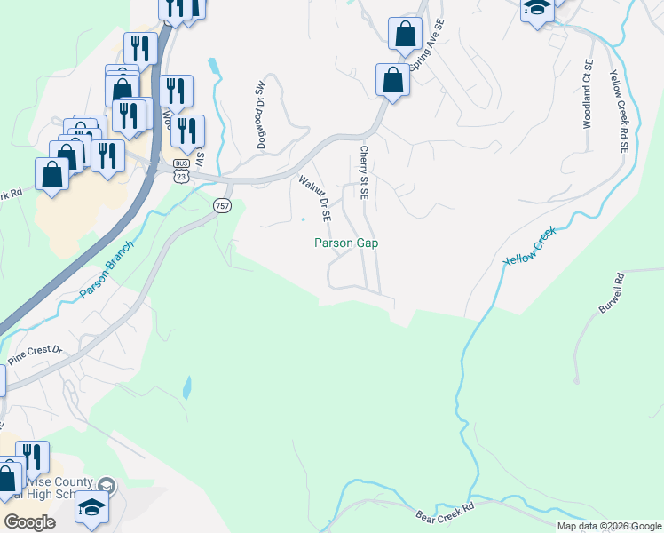 map of restaurants, bars, coffee shops, grocery stores, and more near 137 11th St NW in Wise