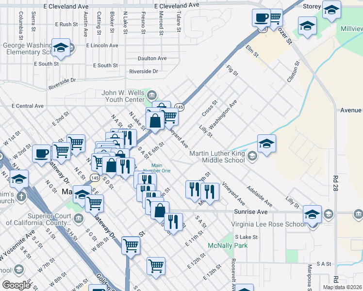 map of restaurants, bars, coffee shops, grocery stores, and more near 224 Vineyard Avenue in Madera