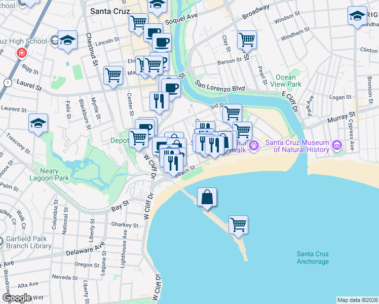 map of restaurants, bars, coffee shops, grocery stores, and more near 212 First Street in Santa Cruz