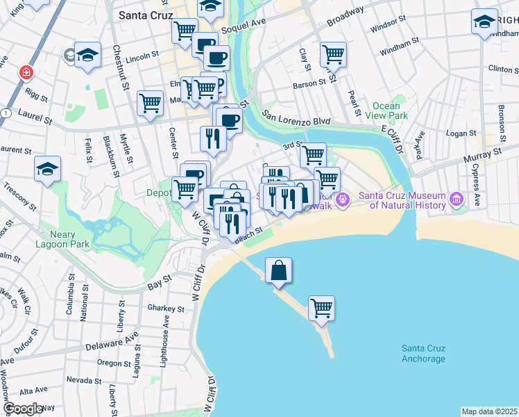 map of restaurants, bars, coffee shops, grocery stores, and more near 206 1st Street in Santa Cruz