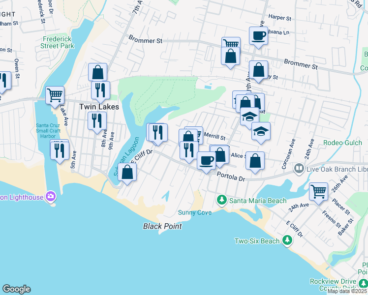 map of restaurants, bars, coffee shops, grocery stores, and more near 610 14th Avenue in Santa Cruz