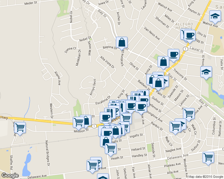 map of restaurants, bars, coffee shops, grocery stores, and more near 1520 Escalona Drive in Santa Cruz