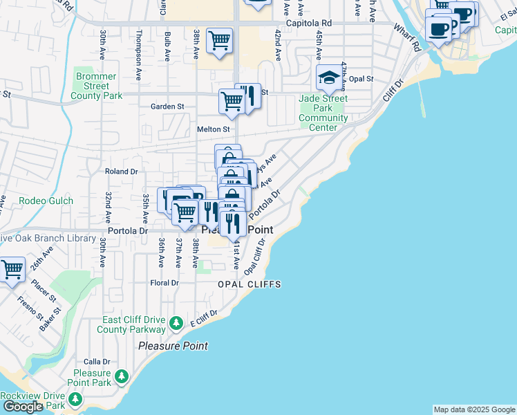 map of restaurants, bars, coffee shops, grocery stores, and more near 4207 Portola Drive in Santa Cruz