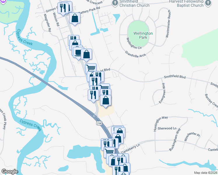 map of restaurants, bars, coffee shops, grocery stores, and more near 200 Monticello Court in Smithfield
