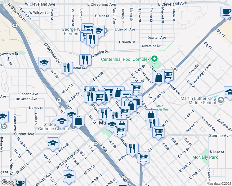 map of restaurants, bars, coffee shops, grocery stores, and more near 222 North C Street in Madera