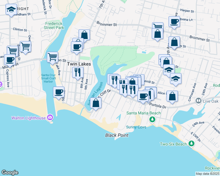 map of restaurants, bars, coffee shops, grocery stores, and more near 21135 East Cliff Drive in Santa Cruz