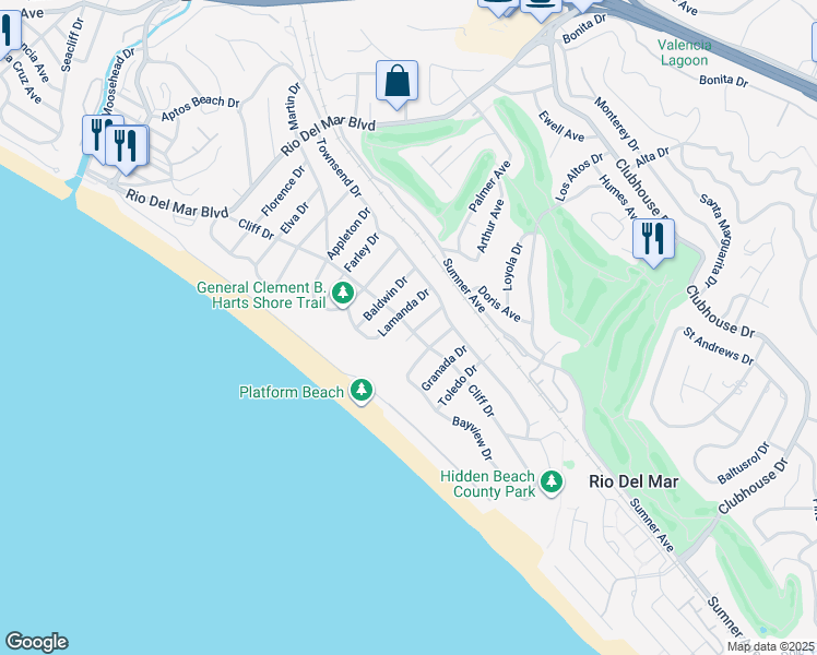 map of restaurants, bars, coffee shops, grocery stores, and more near 456 Cliff Drive in Aptos