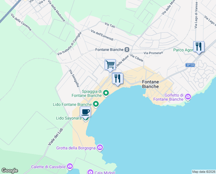 map of restaurants, bars, coffee shops, grocery stores, and more near 31 Via Taormina in Fontane Bianche