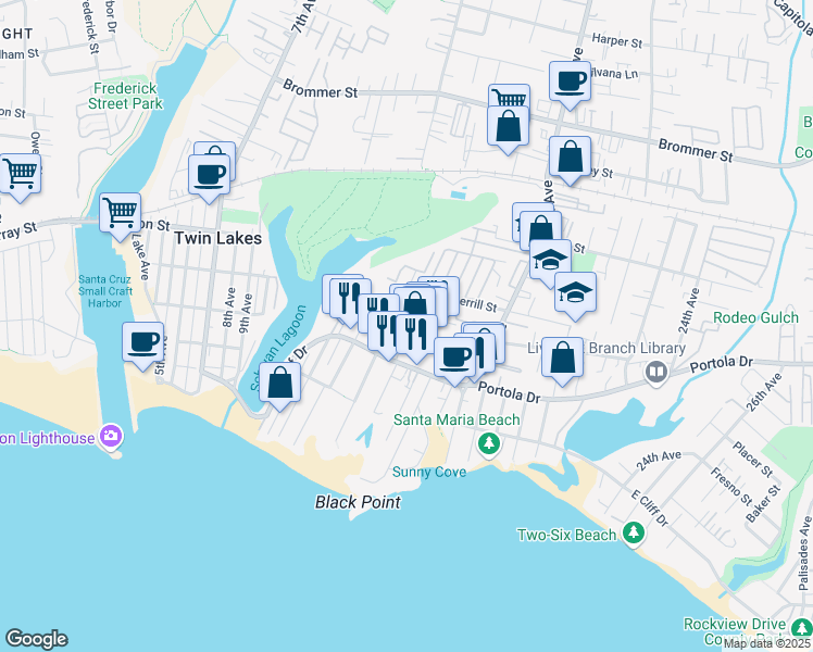 map of restaurants, bars, coffee shops, grocery stores, and more near 610 14th Avenue in Santa Cruz