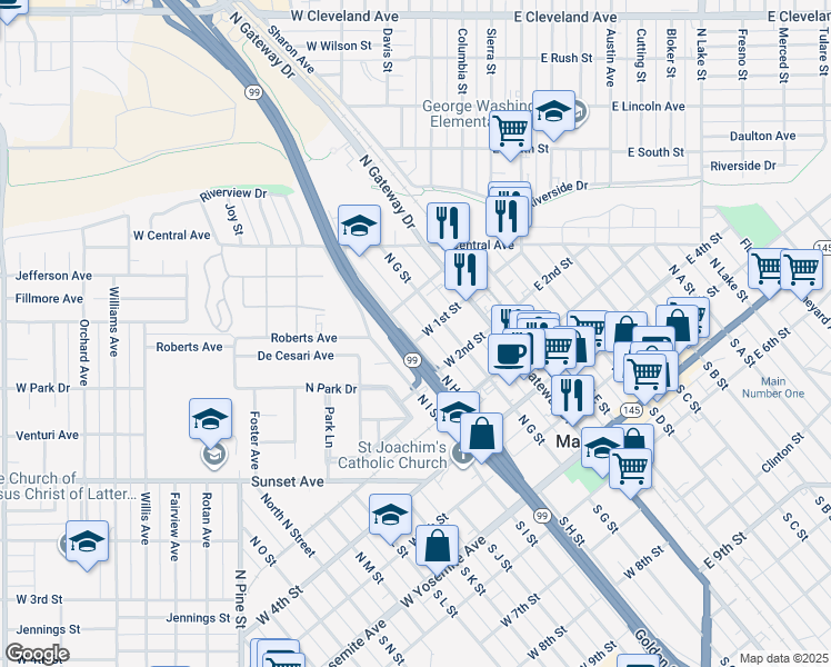 map of restaurants, bars, coffee shops, grocery stores, and more near 601 North H Street in Madera