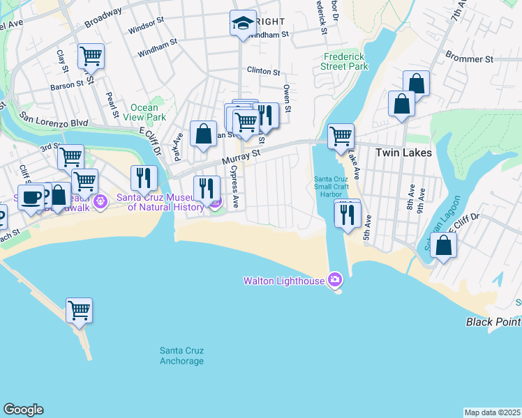 map of restaurants, bars, coffee shops, grocery stores, and more near 220 Atlantic Avenue in Santa Cruz