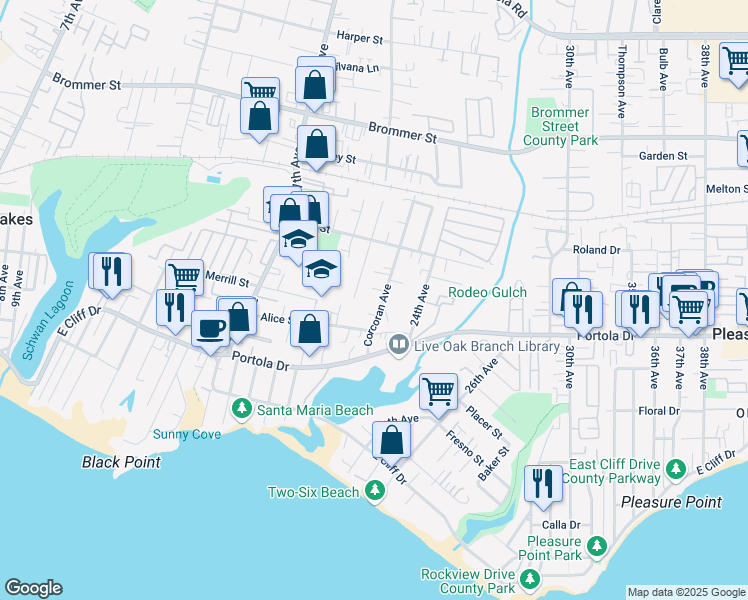 map of restaurants, bars, coffee shops, grocery stores, and more near 711 Corcoran Avenue in Santa Cruz