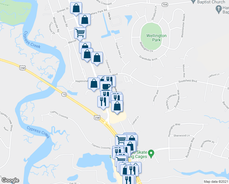 map of restaurants, bars, coffee shops, grocery stores, and more near 136 Montpellier Way in Smithfield