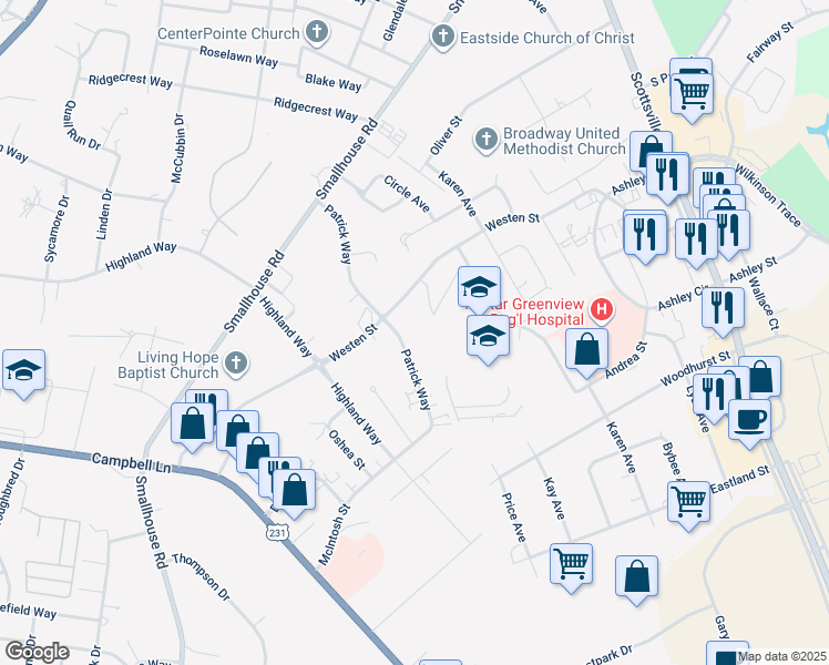 map of restaurants, bars, coffee shops, grocery stores, and more near 1700 Patrick Way in Bowling Green