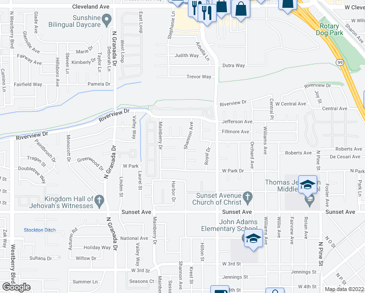 map of restaurants, bars, coffee shops, grocery stores, and more near 932 Shannon Avenue in Madera