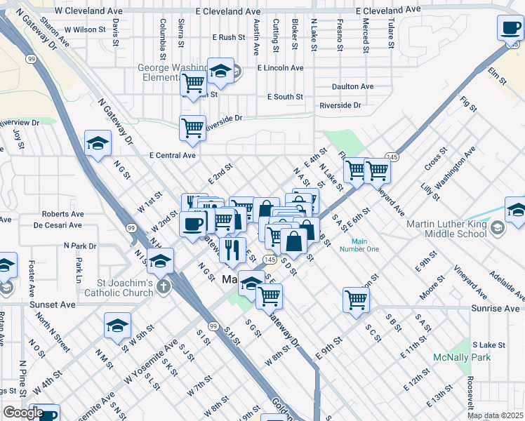 map of restaurants, bars, coffee shops, grocery stores, and more near 206 East 4th Street in Madera